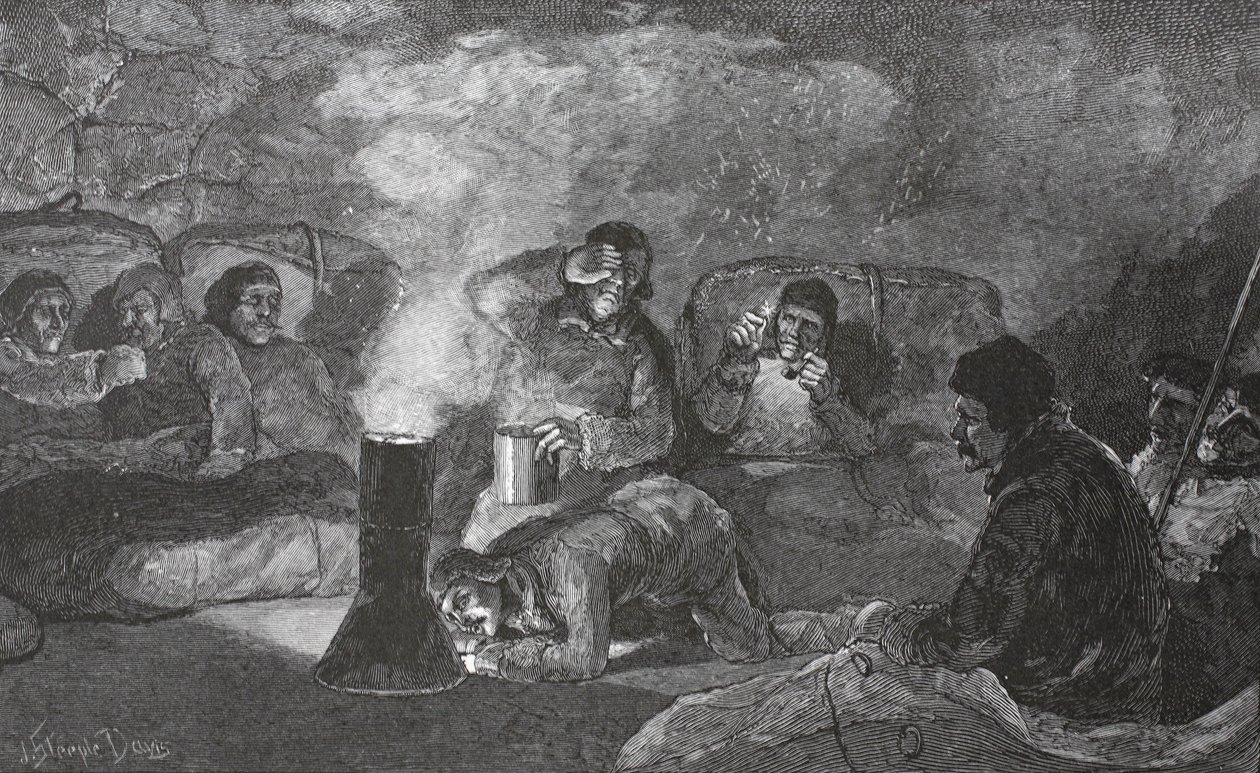 Innenansicht unserer Winterhütte in Camp Clay während des Kochens, 1883 von J. Steeple Davis