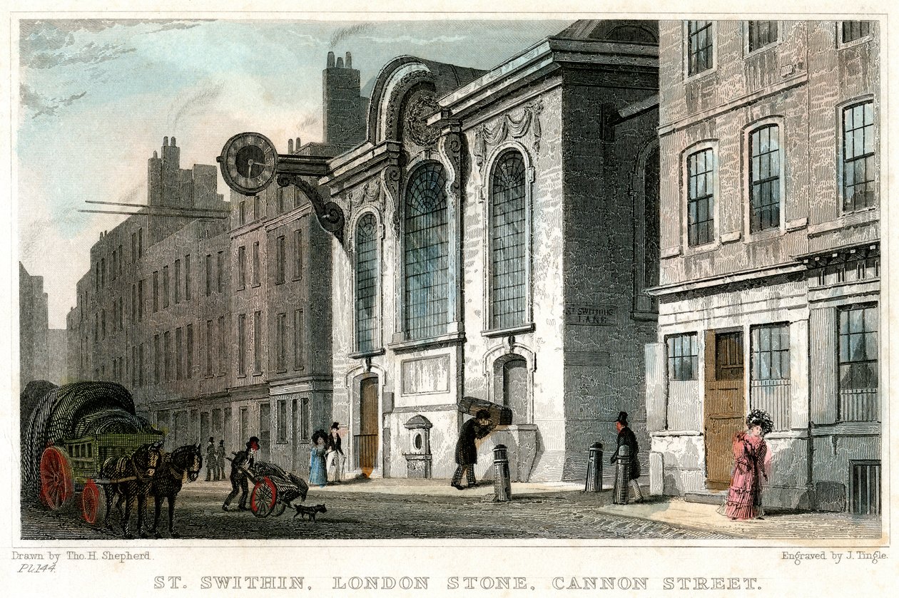 Kirche St. Swithin und der London Stone, Cannon Street, City of London von J. Tingle