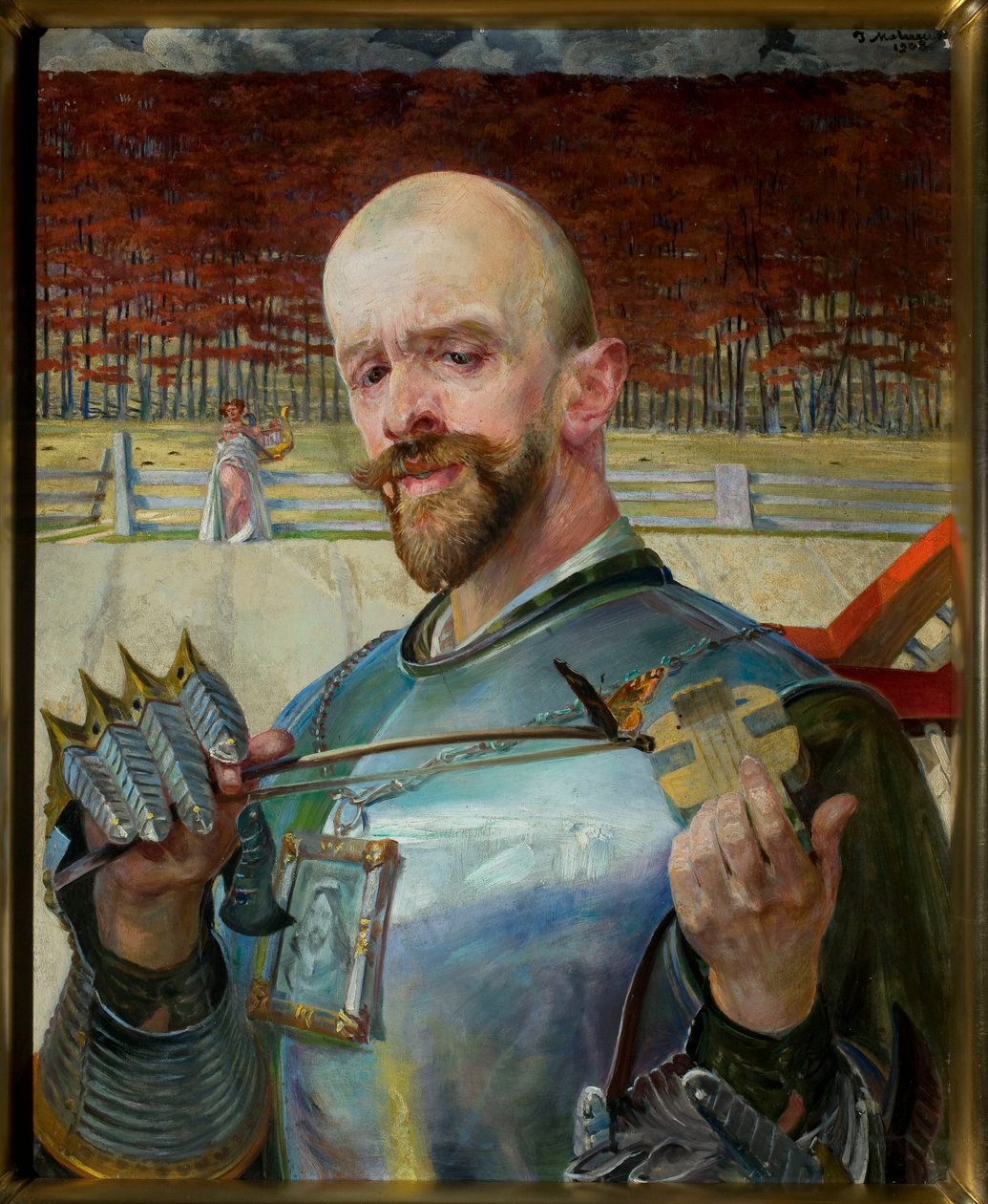 Selbstporträt in Rüstung mit Geigen von Jacek Malczewski