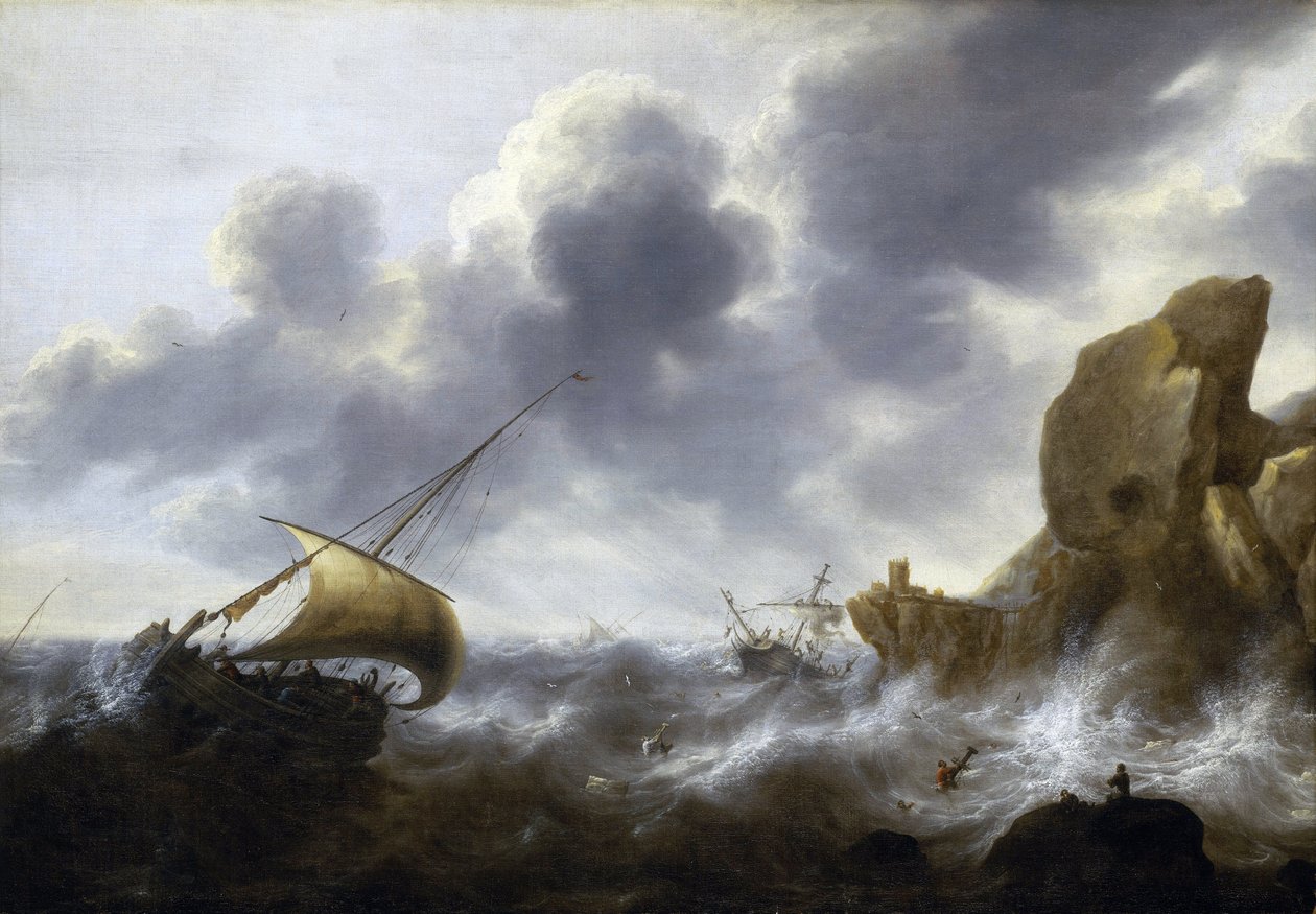 Ein Fischerboot im Sturm in der Nähe einer felsigen Küste, mit einem Schiffswrack von Jacob Adriaensz. Bellevois