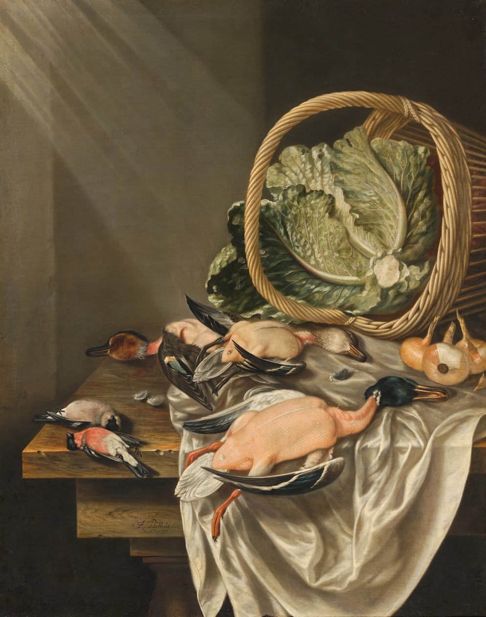 Küchenstillleben mit umgestürztem Korb voller Salat, Wild und Gemüse von Jacob Biltius