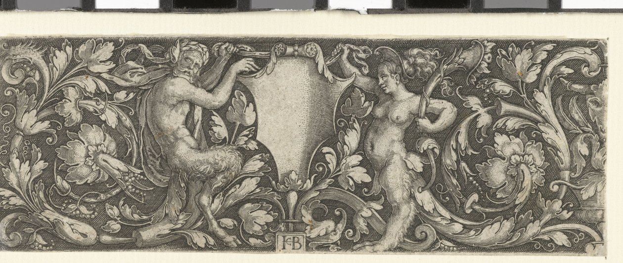 Fries mit einem Schild, getragen von einem männlichen und einem weiblichen Satyr von Jacob Binck (signed by artist)