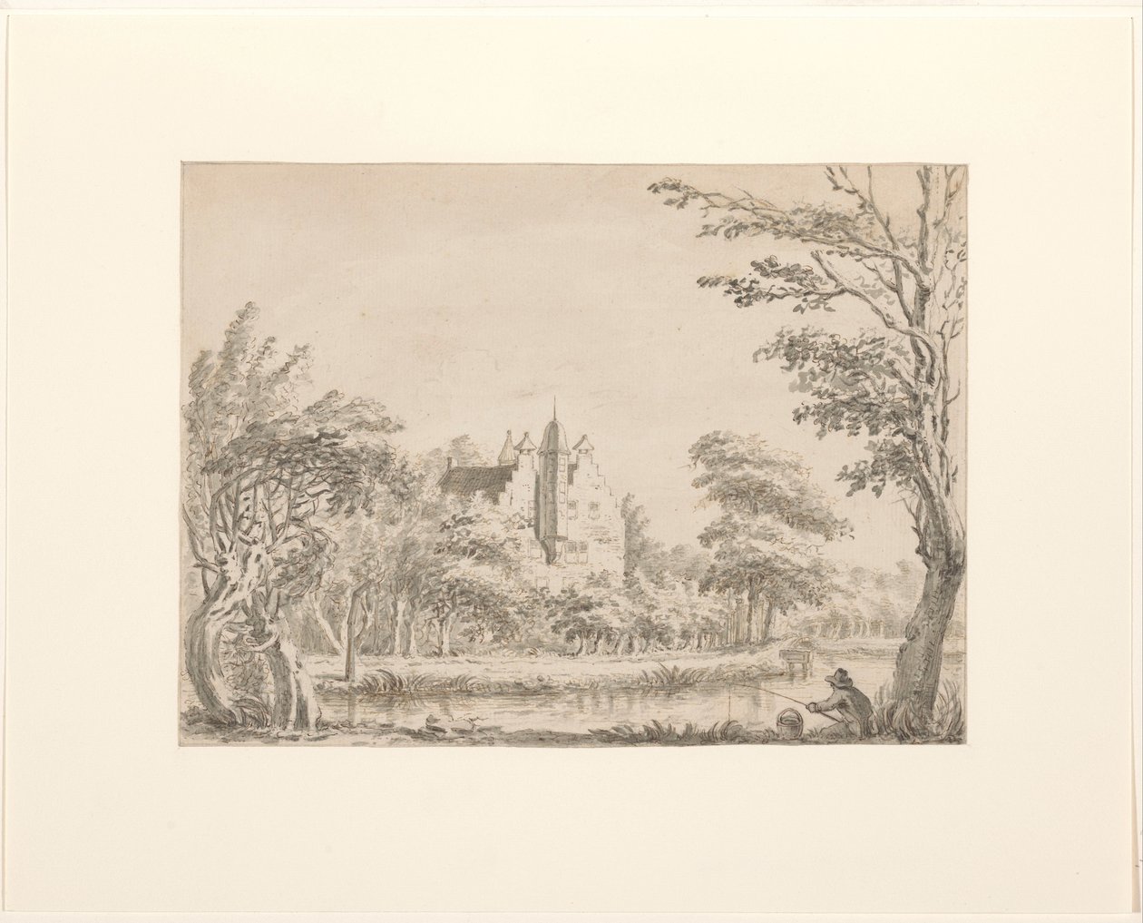 Haus Oudaan mit einem Angler im Vordergrund von Jacob Ernst Marcus