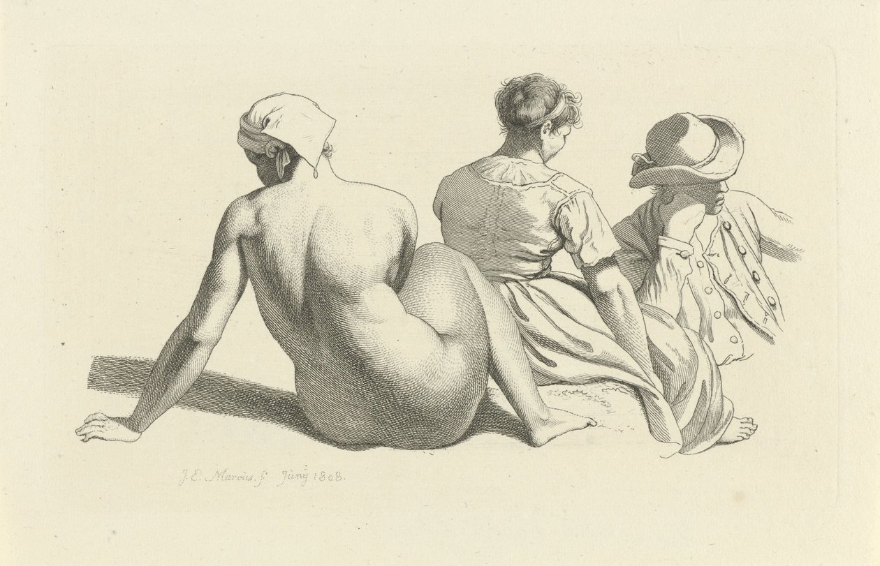 Studienblatt mit einem sitzenden Akt und zwei Figuren von Jacob Ernst Marcus