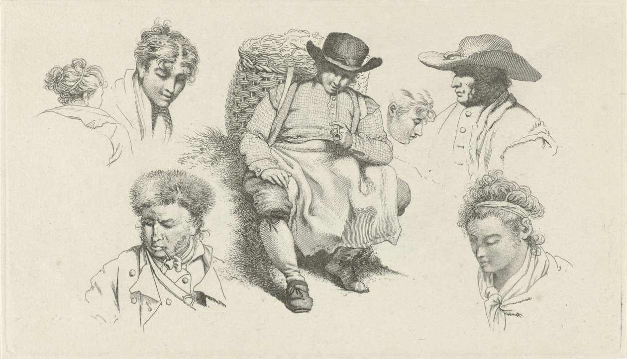 Studienblatt mit Figuren und einem ruhenden Fischverkäufer mit Pfeife von Jacob Ernst Marcus