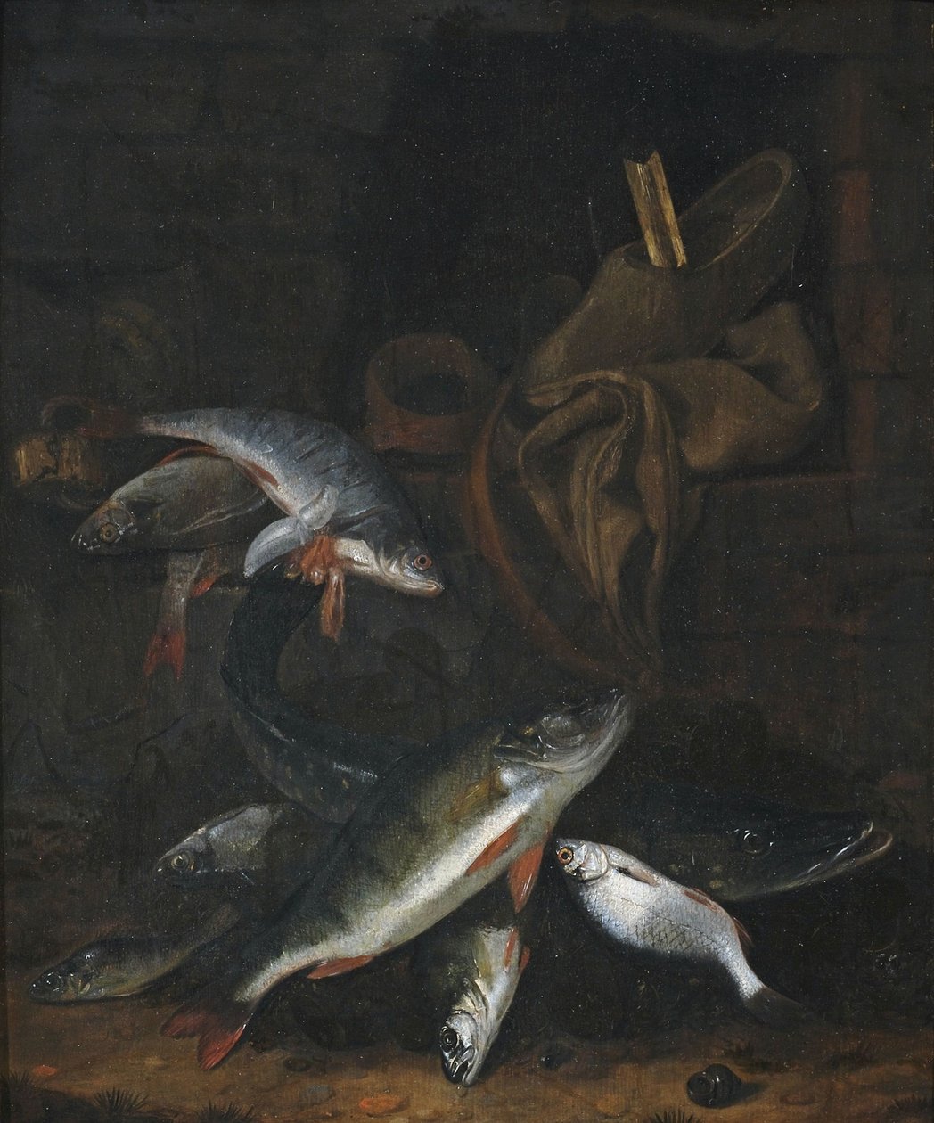 Fischstillleben mit Hecht und Brassen an einer Mauer von Jacob Gillig