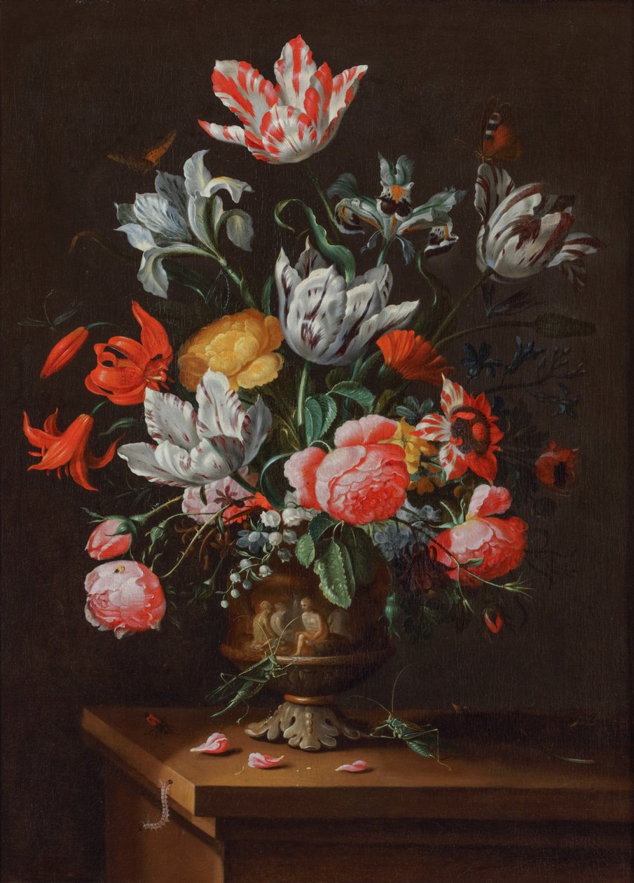 Tulpen und andere Blumen in einer bemalten barocken Steingutvase auf einem Holzsim, um 1630-60 von Jacob Marrel