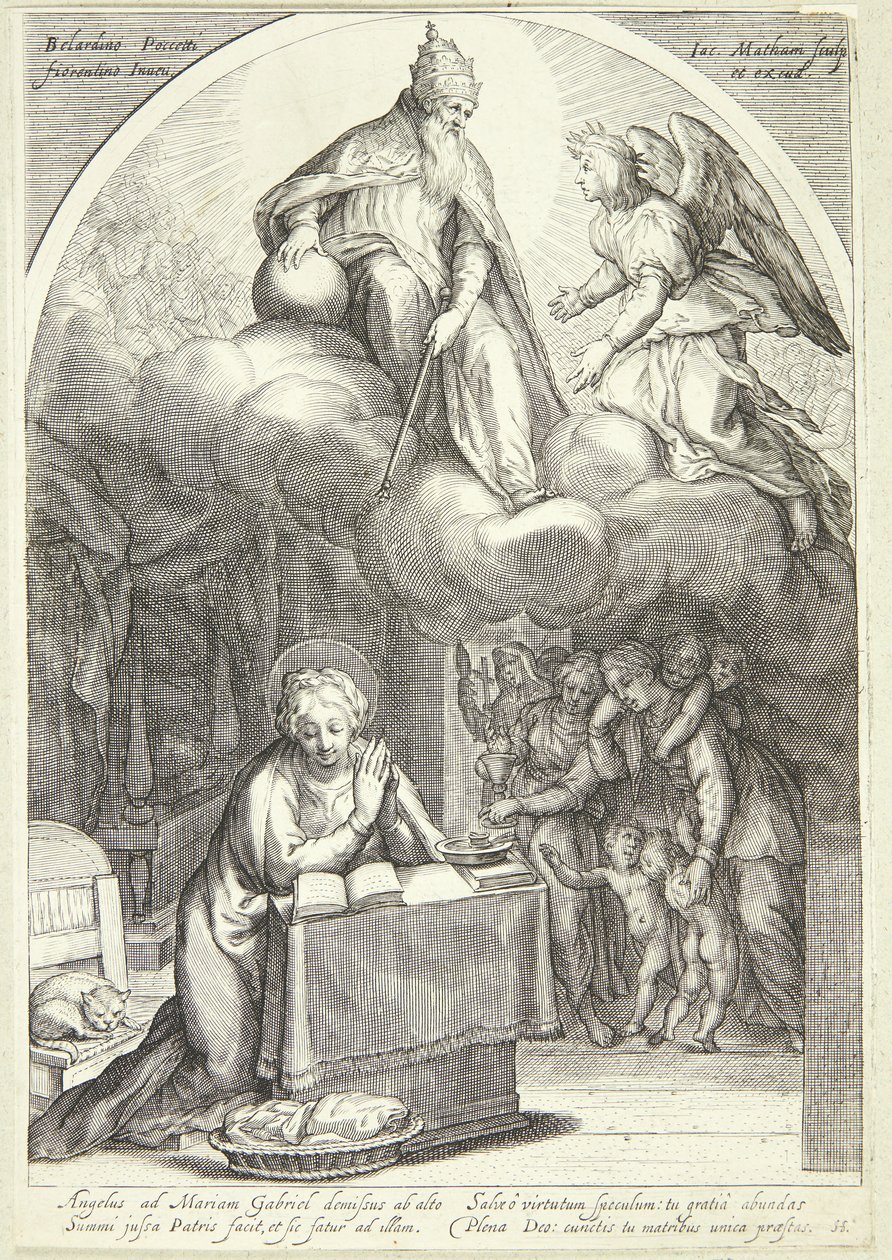 Der Herr und Gabriel erwarten die Verkündigung, Maria kniend unten von Jacob Matham