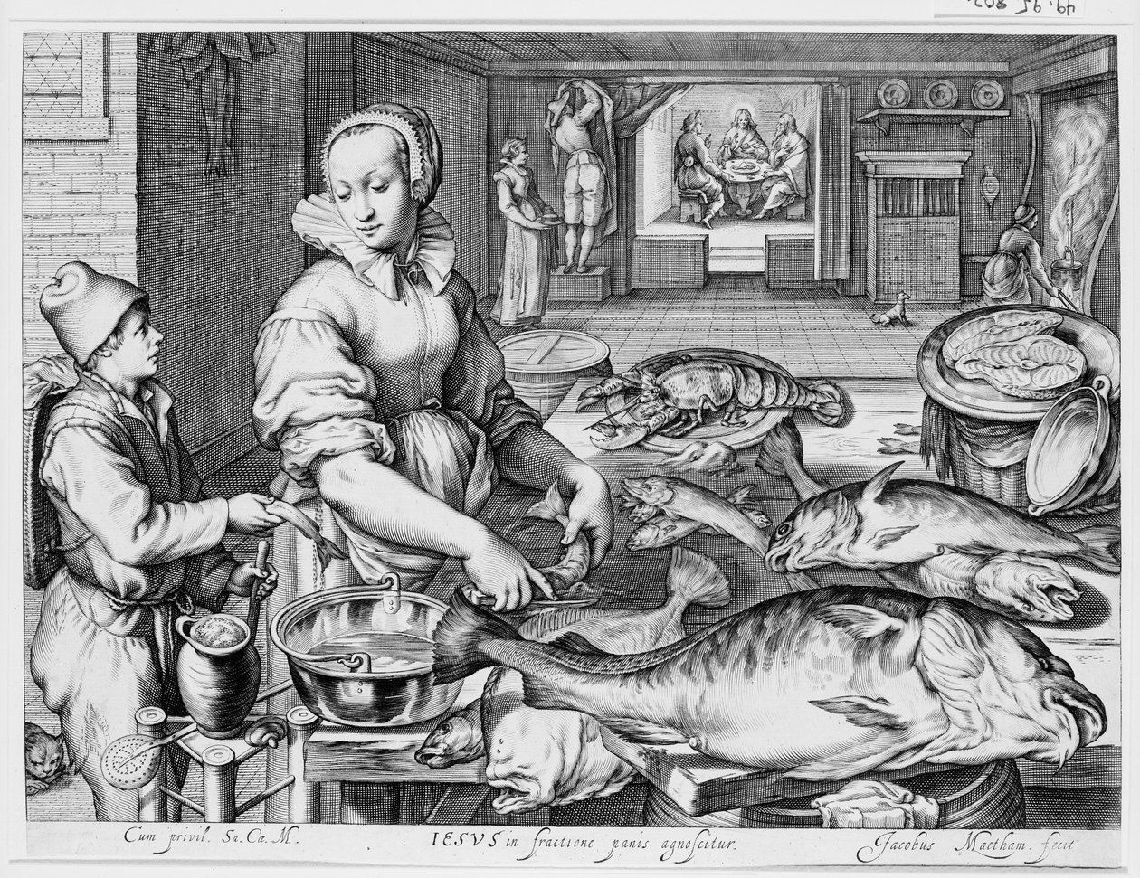 Küchenszene mit Küchenmagd, die Fisch zubereitet, Christus in Emmaus im Hintergrund, aus Küchen- und Marktszenen mit biblischen Szenen im Hintergrund von Jacob Matham