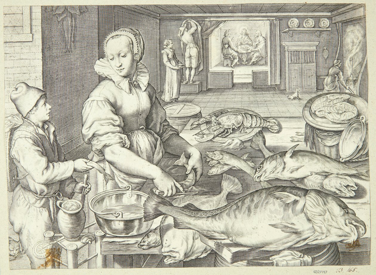 Küchenszene mit einer Küchenmagd, die Fische säubert von Jacob Matham