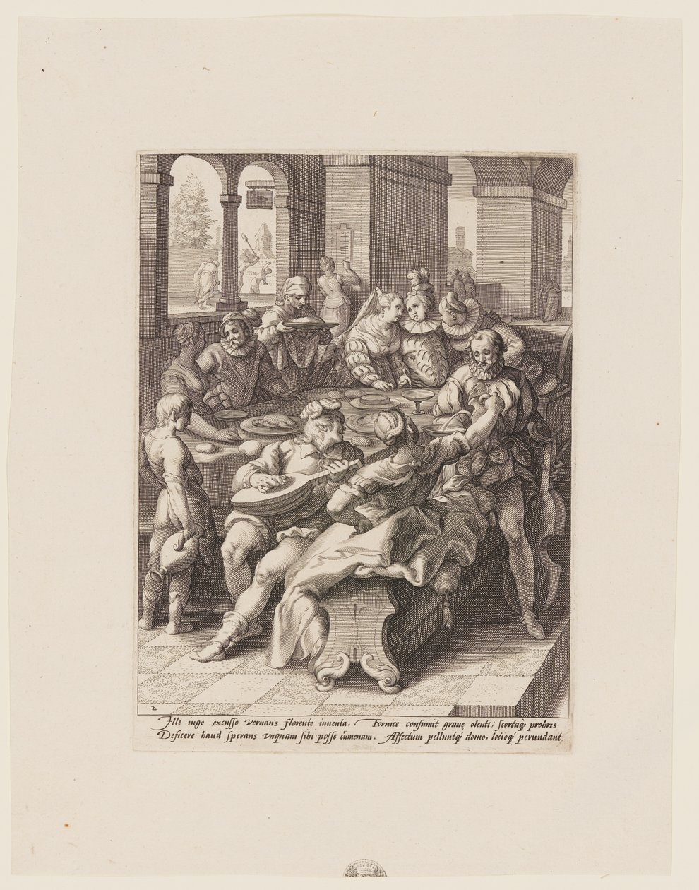 Der verlorene Sohn beim Festmahl mit Dirnen, aus Die Geschichte des verlorenen Sohnes von Jacob Matham