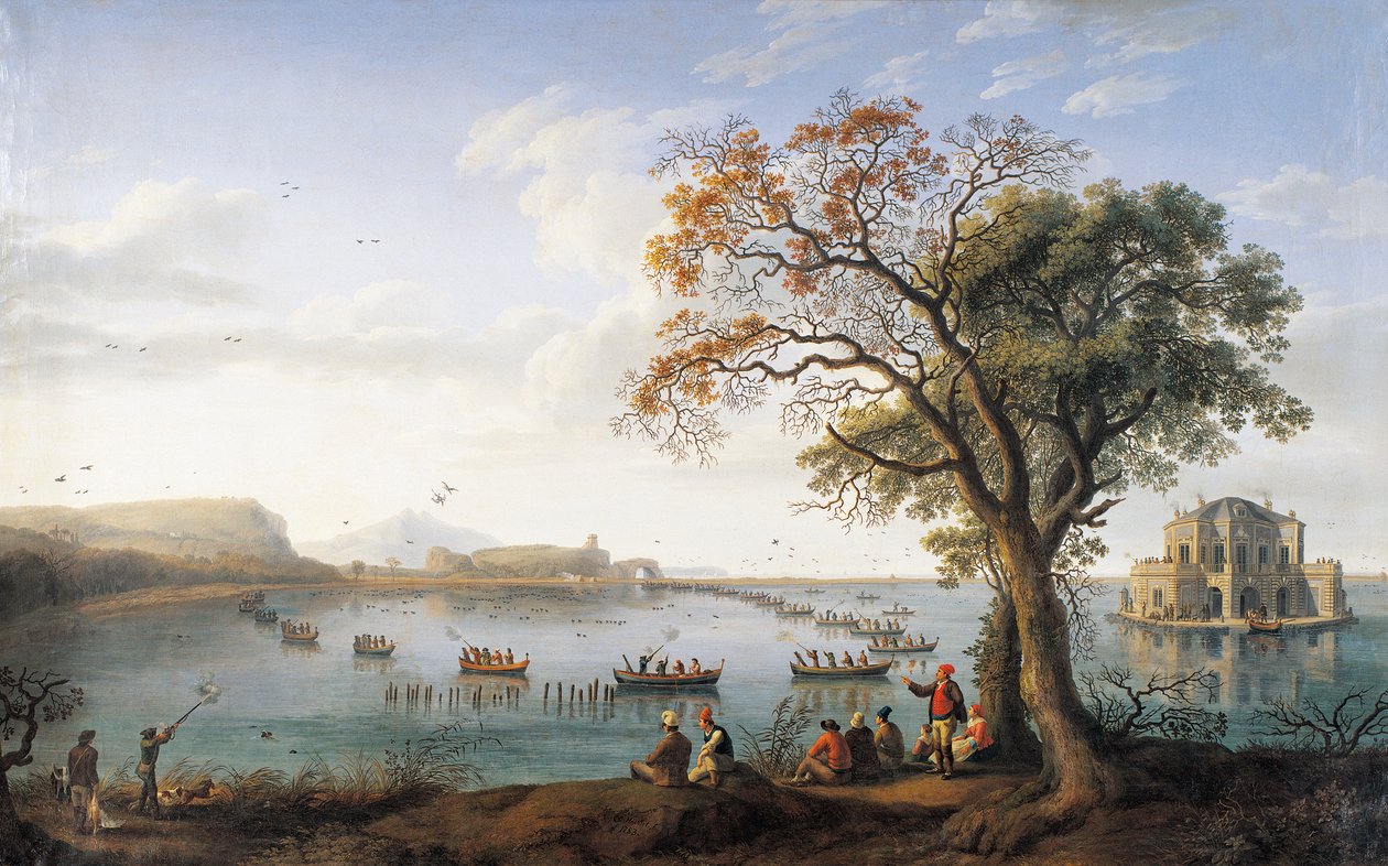 Blässhuhnjagd am See Fusano von Jacob-Philippe Hackert