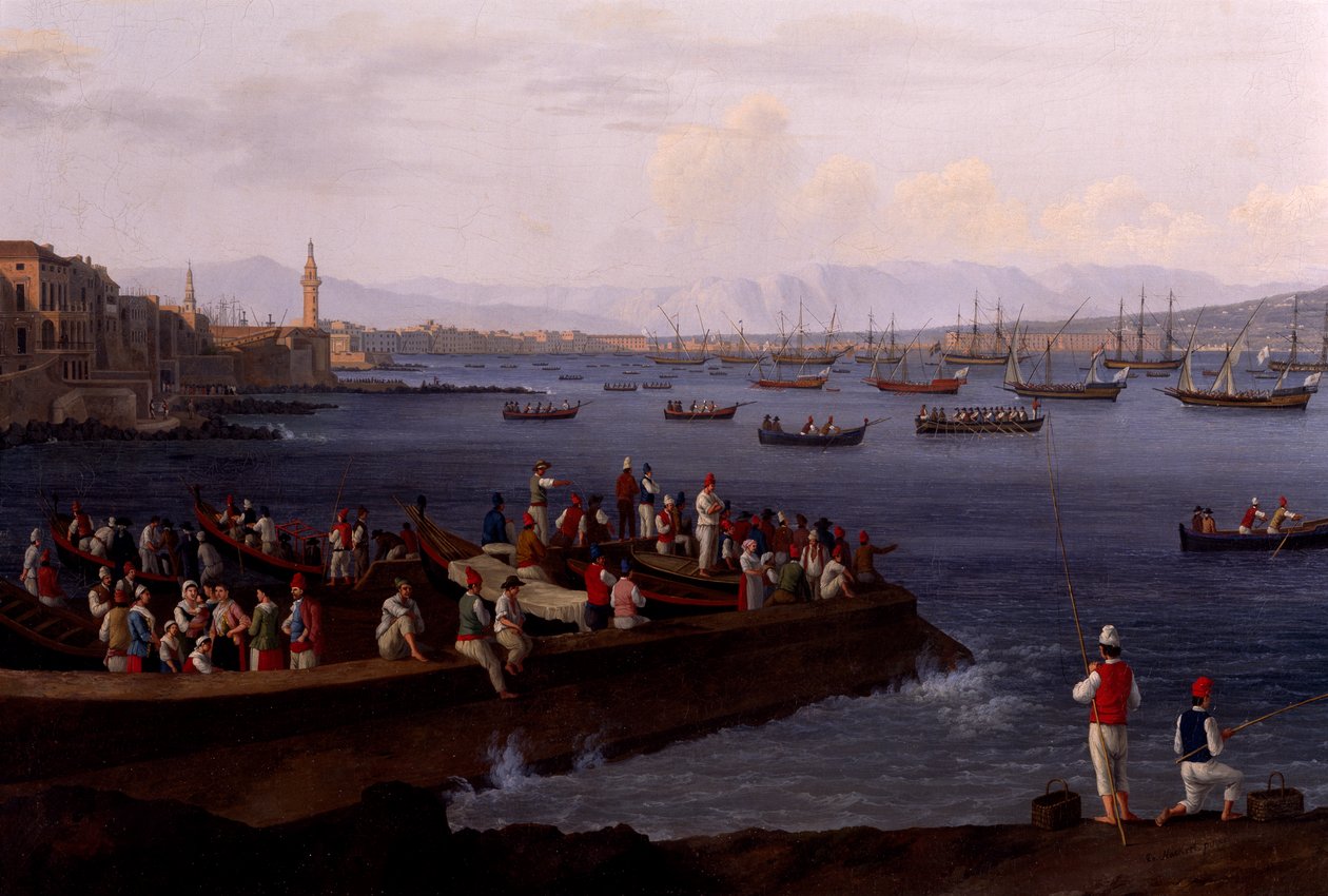 Die Bucht von Neapel bei Santa Lucia, zeigt die Rückkehr der Flotten aus Algier von Jacob Philippe Hackert