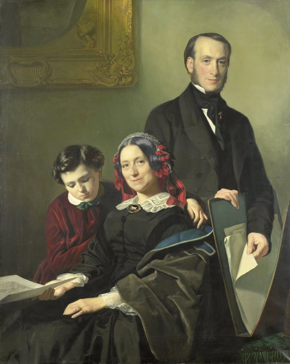 Mevrouw A.J. Schmidt-Keiser, Witwe des Malers Willem Hendrik Schmidt (1809-49), der Lehrmeister von Jacob Spoel, mit ihrem Bruder J.N. Keiser und ihrem zehnjährigen Sohn von Jacob Spoel