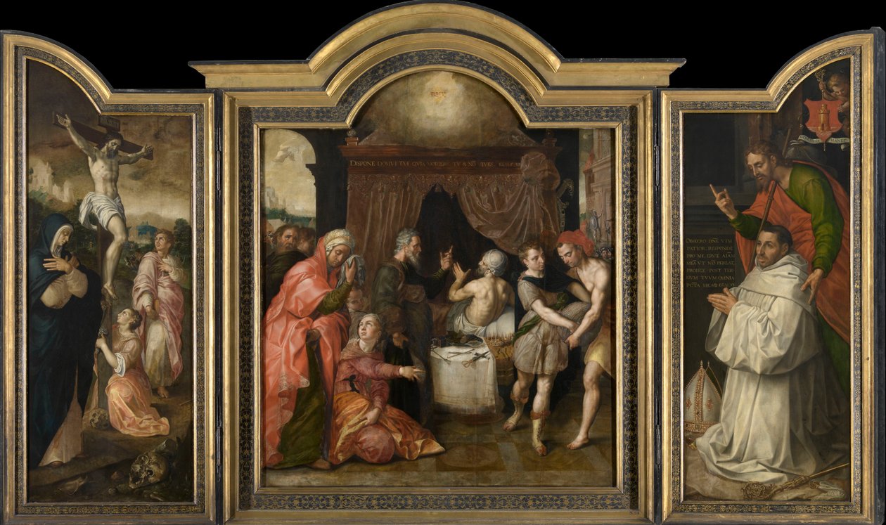 Die Kreuzigung (linker Flügel), Die Prophezeiung der Genesung des Hiskia (Mittelteil), Abt Jacobus Delrio mit Schutzpatron (rechter Flügel) von Jacob de Backer