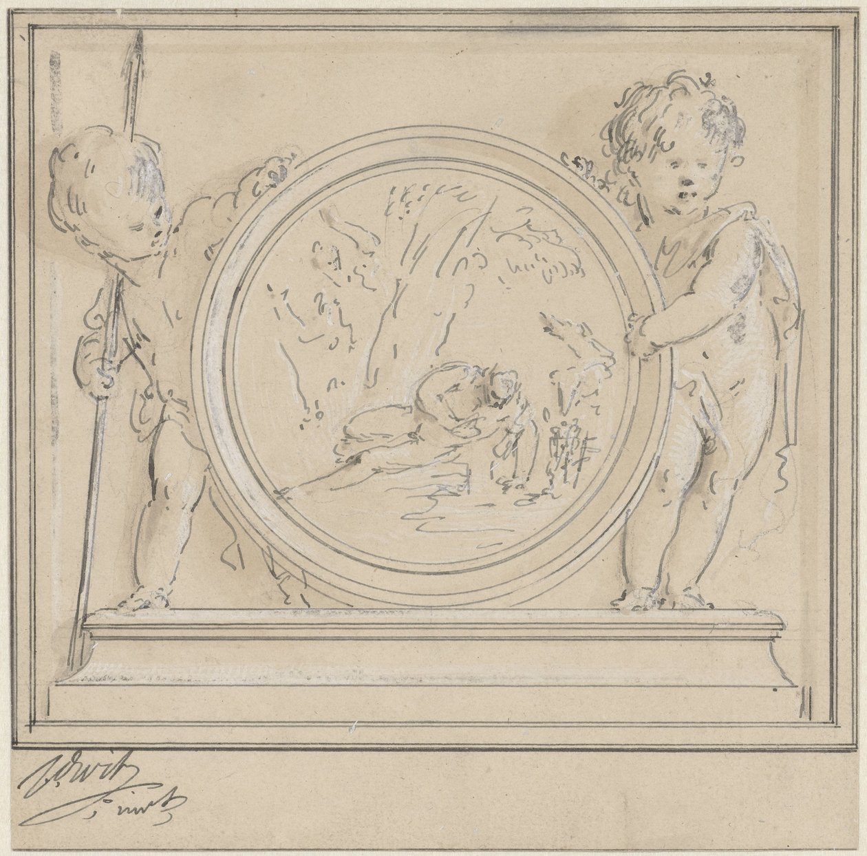 Zwei Putti mit Medaillon, darin Narziss und Echo von Jacob de Wit