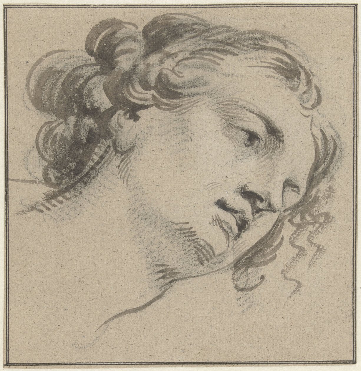 Frauenkopf mit lockigem Haar, dreiviertel nach rechts und nach vorne gebeugt von Jacob de Wit