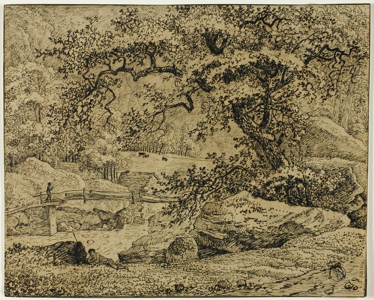 Landschaft mit Figur, die unter einem Baum am Bach ruht von Jacob van Ruisdael