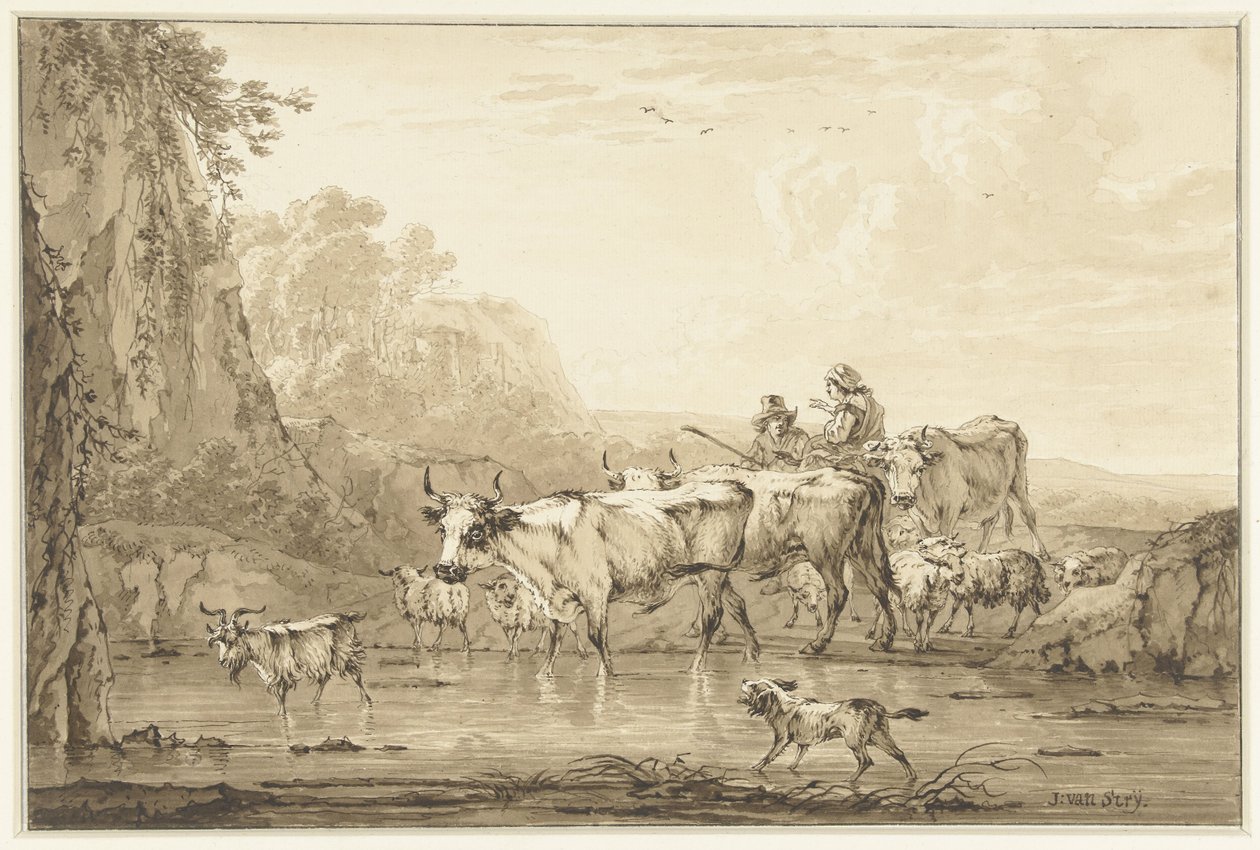 Hirte und Hirtin mit Rindern und Schafen an einem Teich von Jacob van Strij