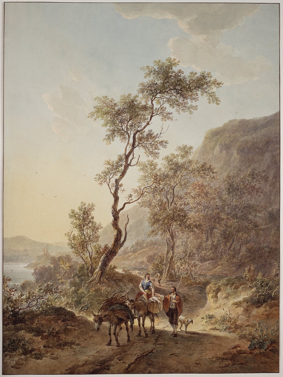 Italienisierte Landschaft mit einem Paar Hirten auf einem Feldweg von Jacob van Strij