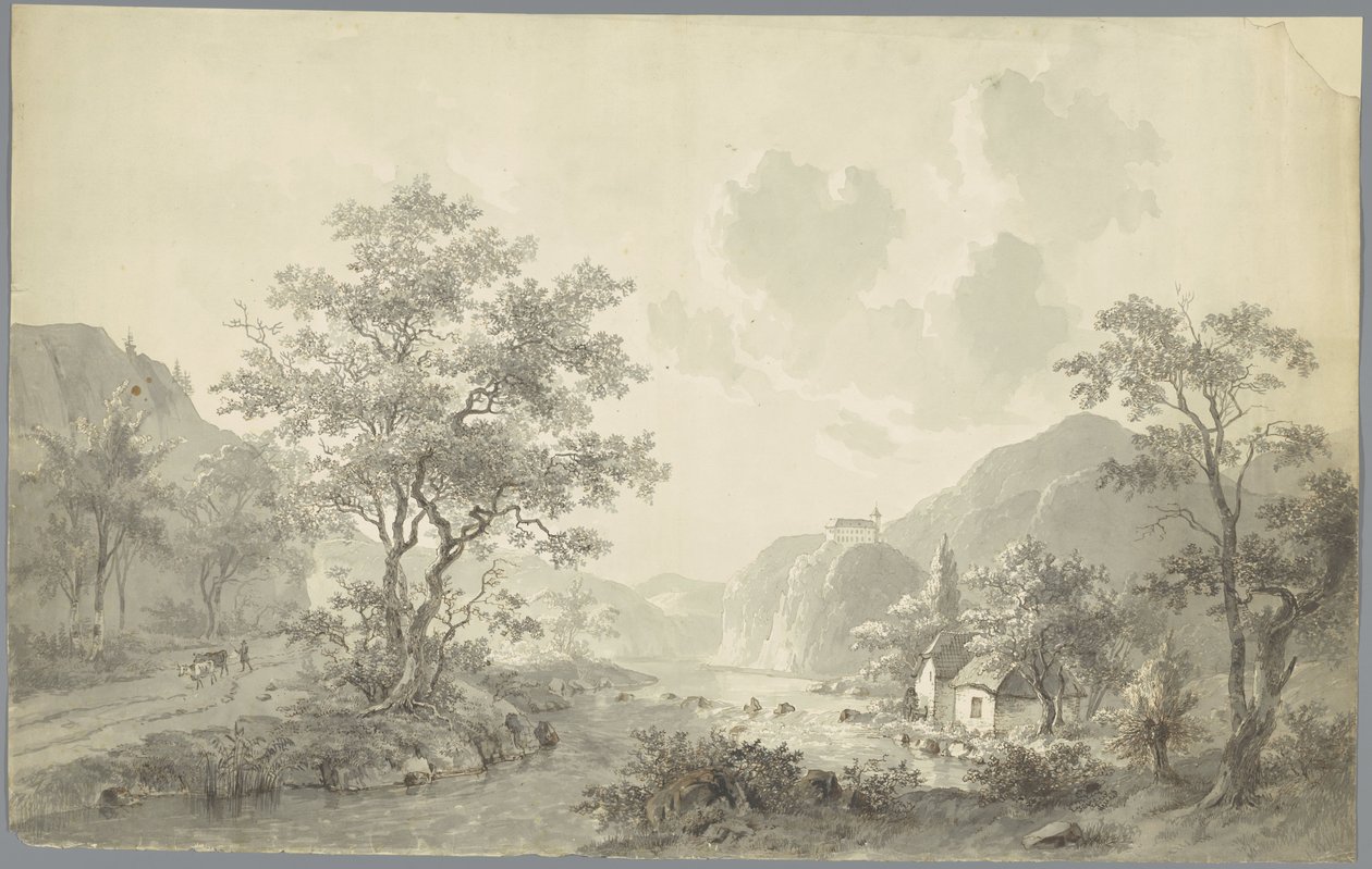 Kleiner Wasserfall bei einem See in einer Berglandschaft von Jacob van Strij