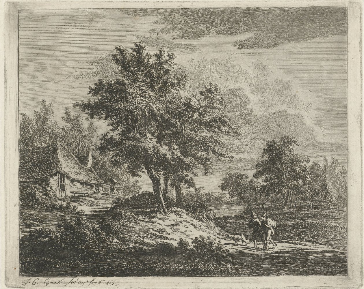 Landschaft mit Wanderern bei drei Bäumen von Jacobus Cornelis Gaal