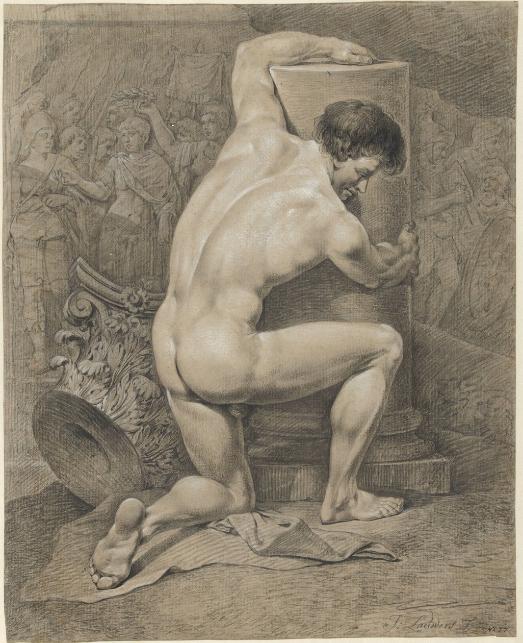 Kniender männlicher Akt, nach rechts die Arme um eine Säule von Jacobus Johannes Lauwers
