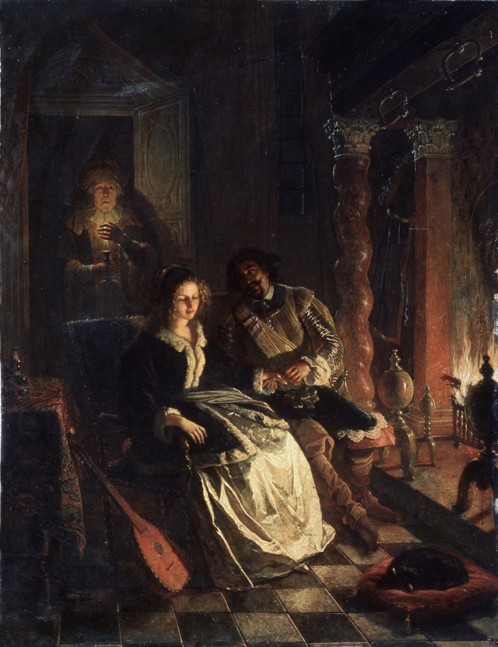 Das Rendezvous. Verführungsszene, ein junges Mädchen wird von einem Edelmann am Kamin umworben von Jacobus Josephus Eeckhout