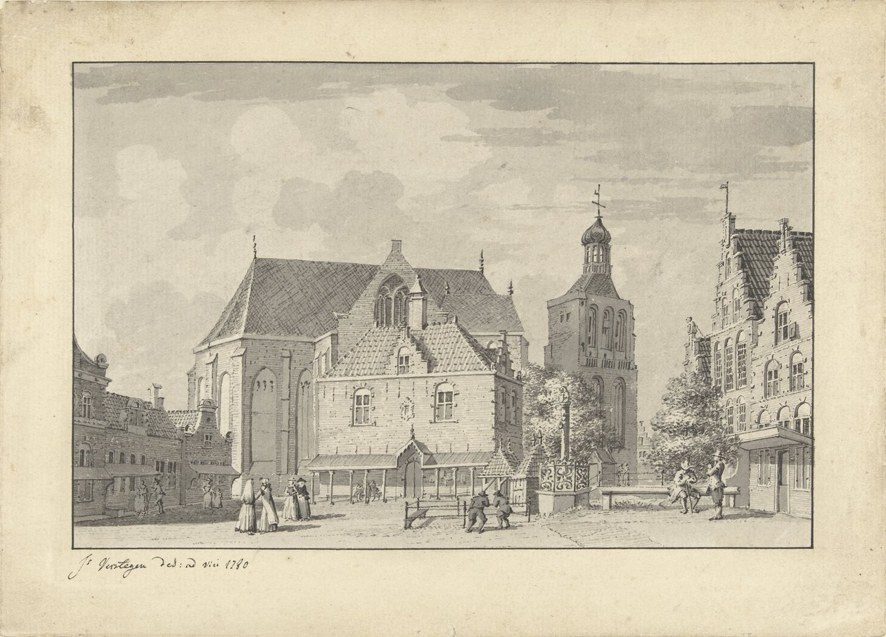 Die Kirche, Waage und Fischmarkt in Workum von Jacobus Versteegen