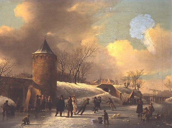 Schlittschuhläufer auf einem zugefrorenen Wasserweg bei einem Turm von Jacobus van der Stok