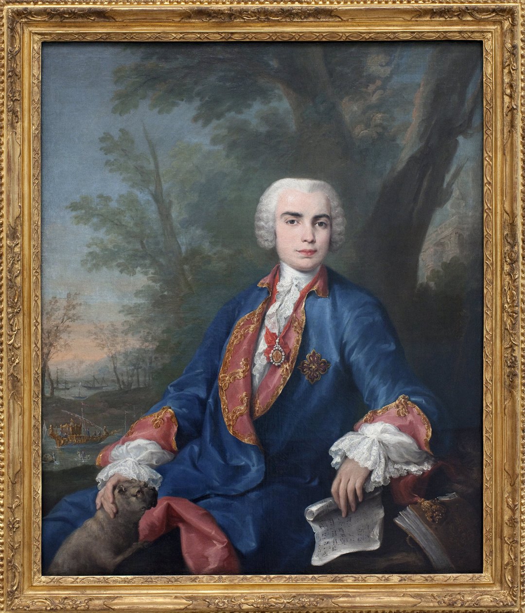 Der Sopran-Kastrat Carlo Broschi, genannt Farinelli (1705-1782). Der Sänger trägt die Medaille des Ordens von Calatrava, auf der Partitur, die er in der Hand hält, einige Takte der Oper Zenobia von Gaetano Latilia. von Jacopo Amigoni