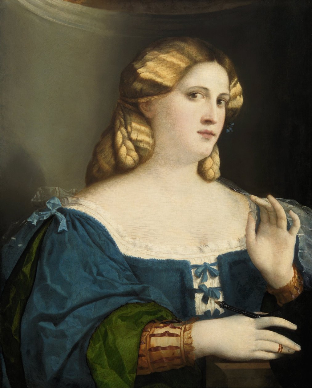 Junge Frau in einem blauen Kleid, mit Fächer, 1512-1514 von Jacopo Palma il Vecchio the Elder