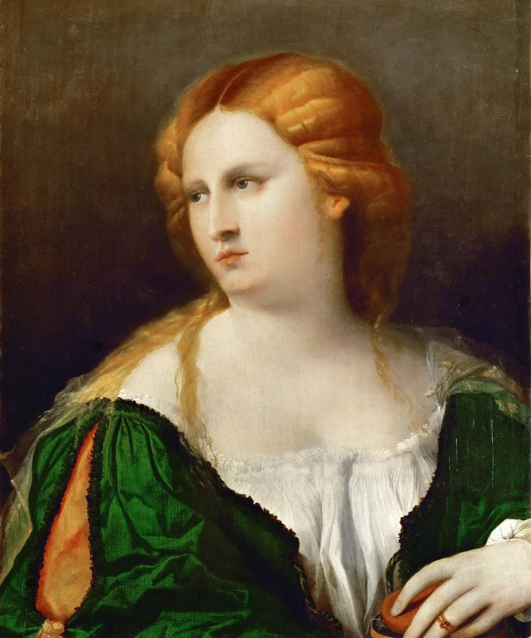 Junge Frau in einem grünen Kleid, eine Schachtel in der Hand, ca. 1514 von Jacopo Palma il Vecchio the Elder