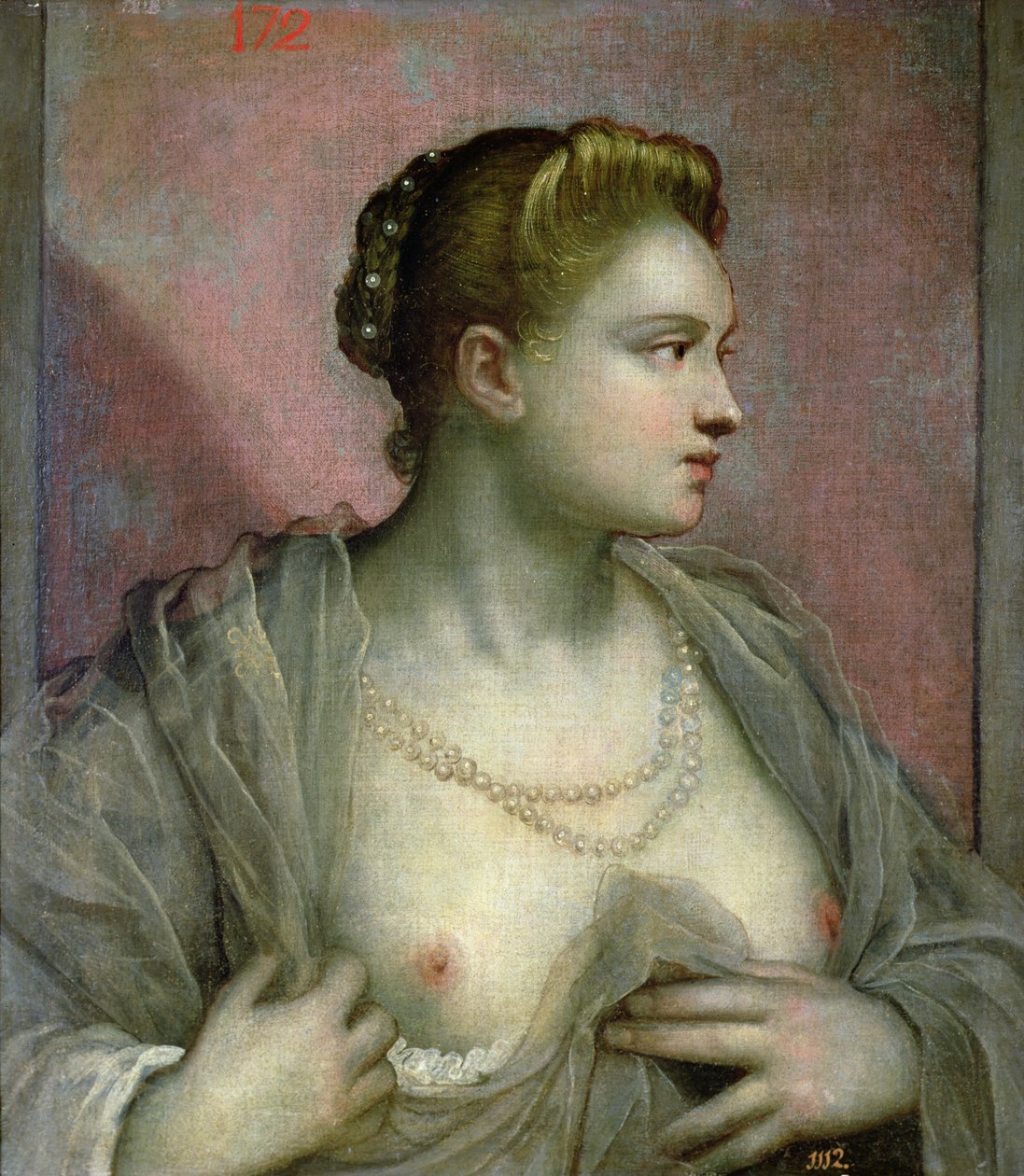 Porträt einer Frau, die ihre Brüste enthüllt, ca. 1570 von Jacopo Robusti Tintoretto