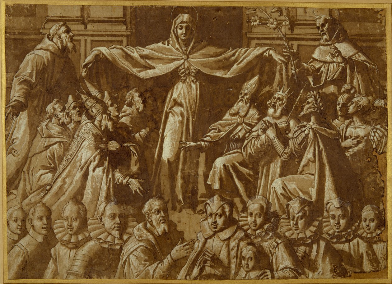Die Madonna della Misericordia mit den Heiligen Franziskus und Dominikus, mit anderen Heiligen und Herrschern und einer Familie von Stiftern von Jacopo Zucchi