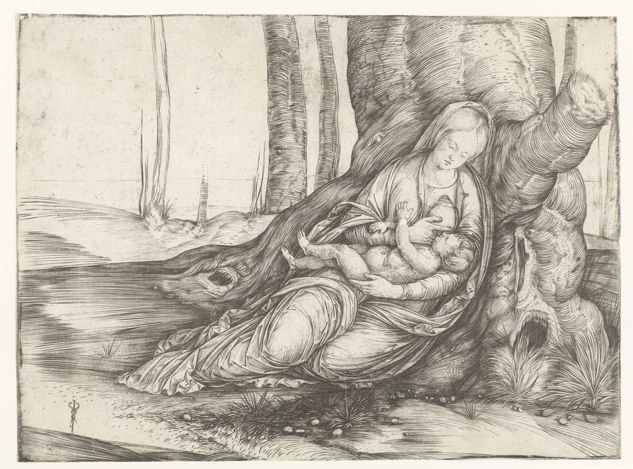 Maria mit Kind an der Brust sitzt am Fuß eines Baumes von Jacopo de