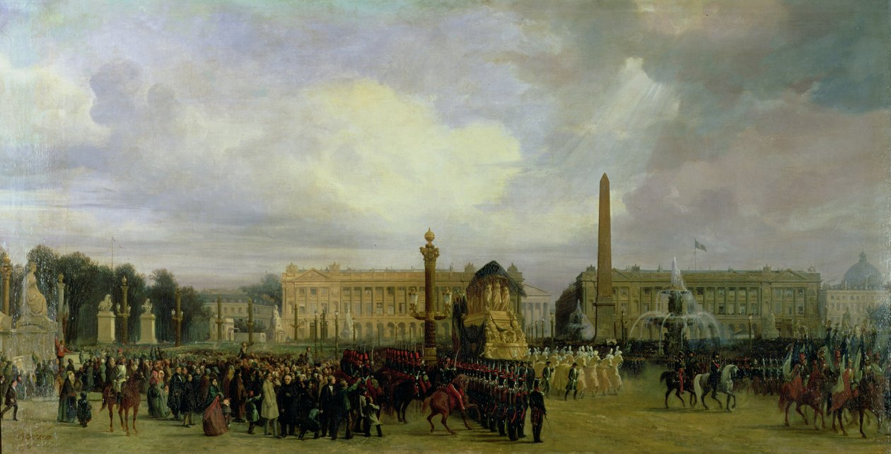 Die Zeremonie zur Rückkehr der Asche Napoleons im Jahr 1840: Der Leichenzug betritt den Place de la Concorde, nach 1840 von Jacques Guiaud