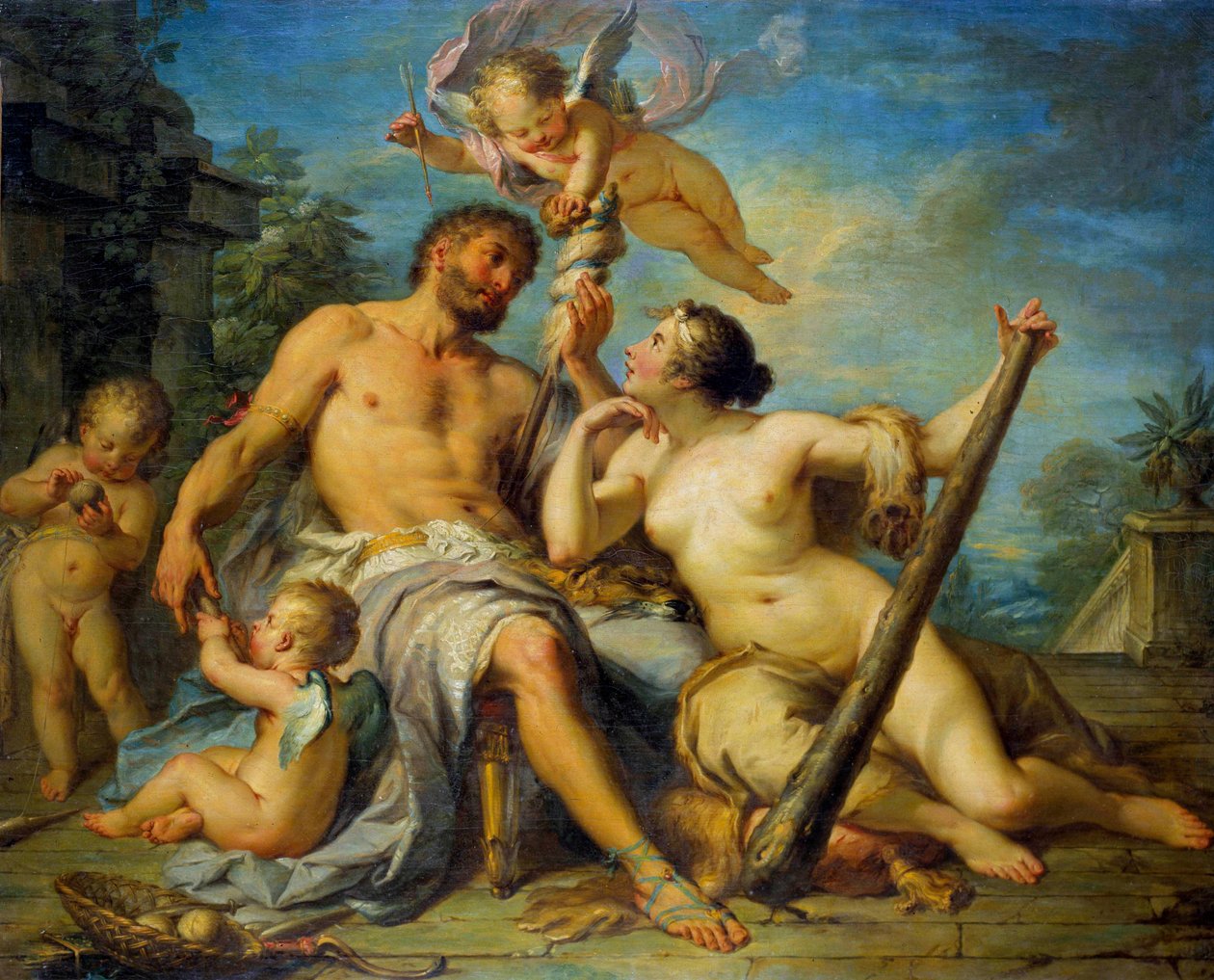 Herkules und Omphale (Herkules ist in Omphale verliebt, deren Sklave er ist) (Gemälde von Jacques Dumont, 1728) von Jacques  Dumont