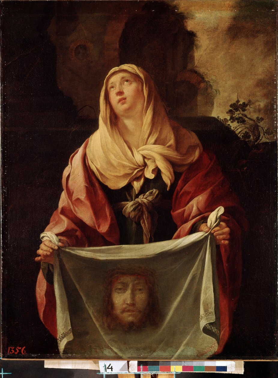 Heilige Veronika. Das heilige Tuch zeigt das Gesicht Christi, dessen Schweiß Veronika während des Aufstiegs nach Golgatha abgewischt haben soll. von Jacques Blanchard