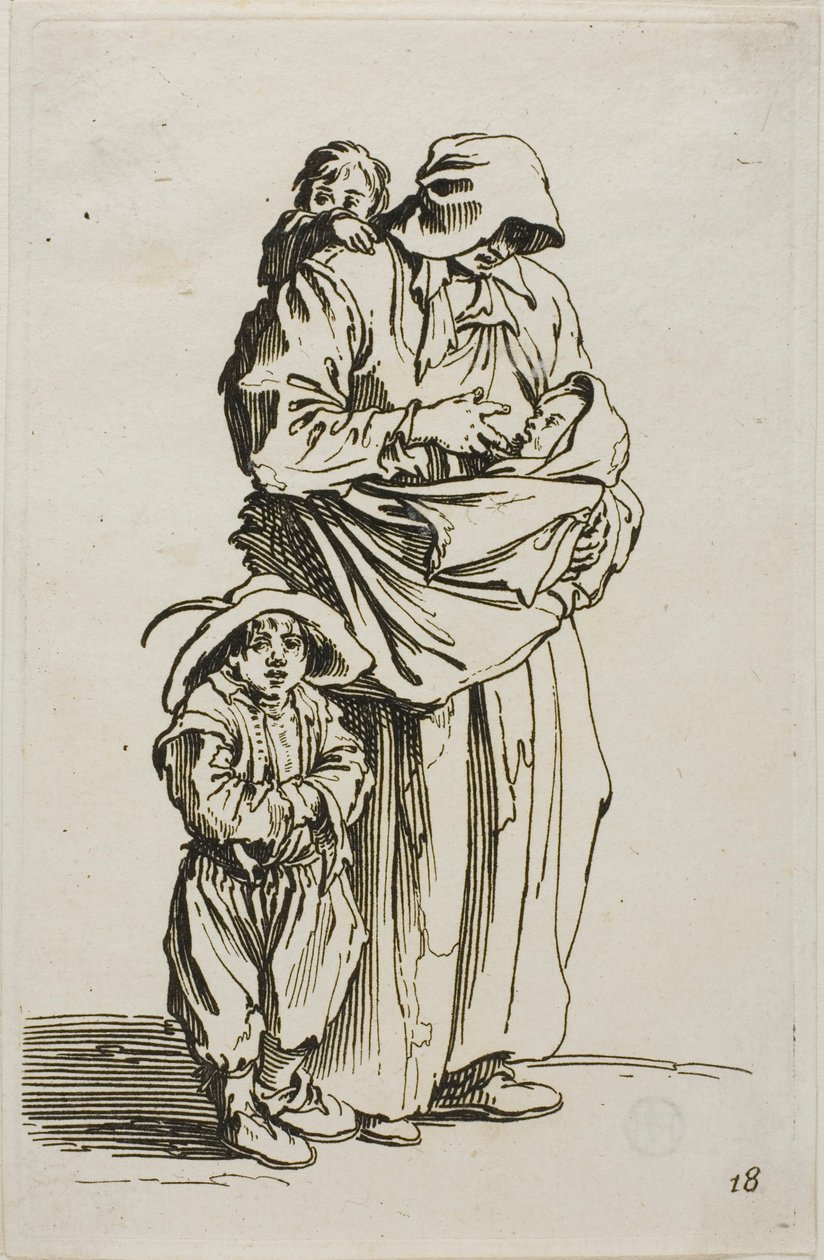 Eine Mutter mit ihren drei Kindern, Tafel 18 aus Die Bettler von Jacques Callot