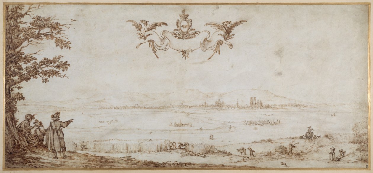 Ansicht von Toul über die Ebene, Landschaft mit Figuren, der Himmel mit den Armen der Porcellets von Jacques Callot