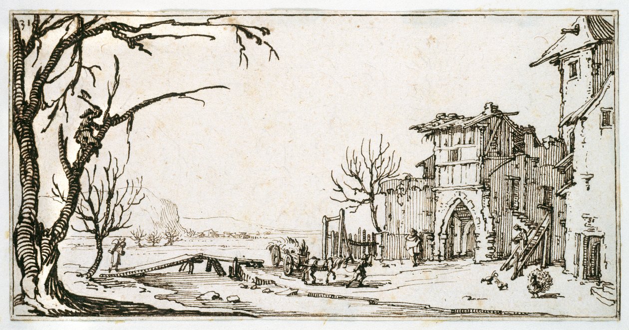 Ein Heuwagen wird zum mittelalterlichen Tor eines Dorfes gebracht, ein Mann schneidet einen Ast ab, aus einem Album von Israel Silvestre, ca. 1630 von Jacques Callot
