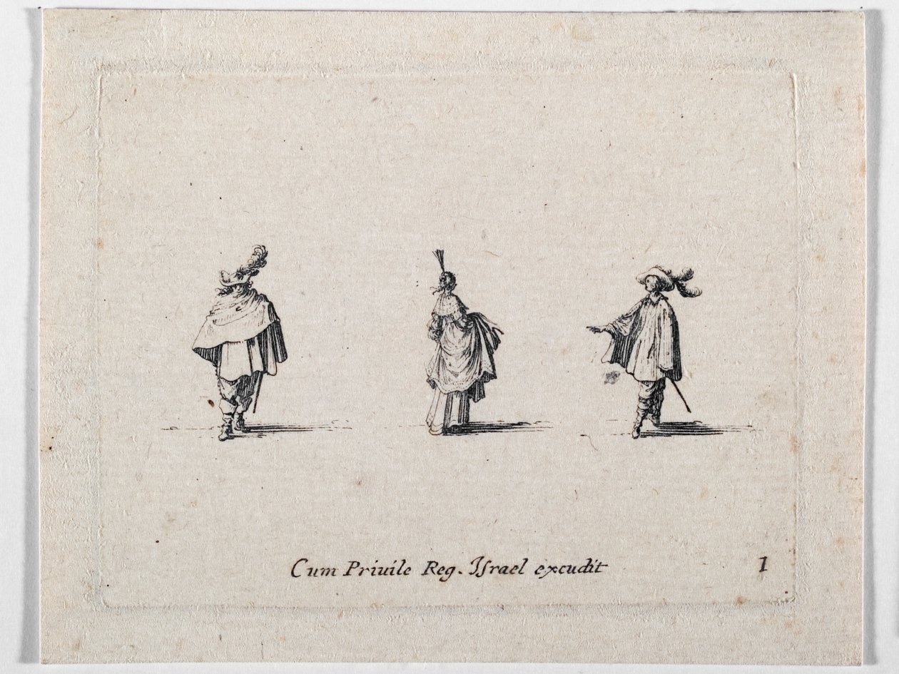 Eine Dame mit hochgezogenem Rock und zwei Kavaliere, aus Les Fantaisies de Noble J. Callot von Jacques Callot