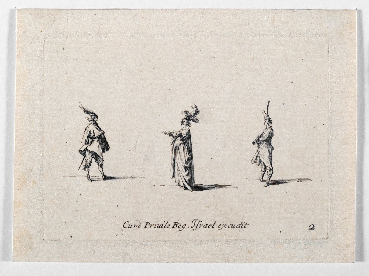 Eine Dame mit Federhut und zwei Kavaliere von Jacques Callot