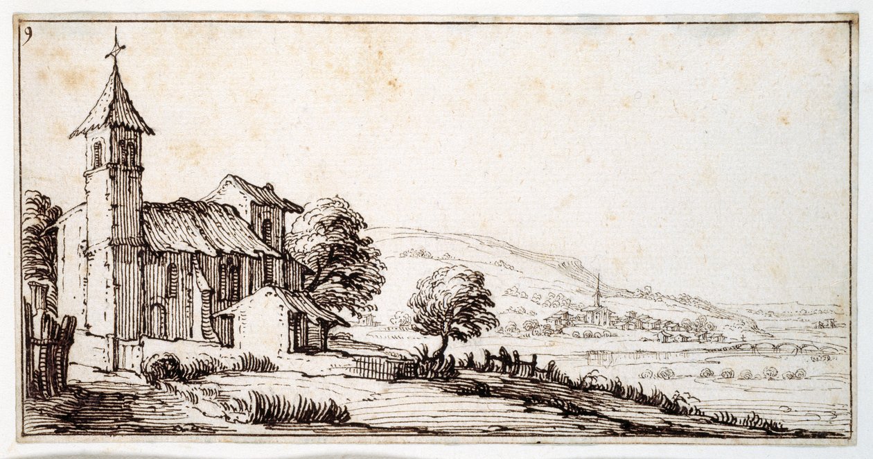 Eine Flusslandschaft nahe Nancy, mit der Dorfkirche von Maxeville und einer anderen im mittleren Abstand, aus einem Album von Israel Silvestre, ca. 1630 von Jacques Callot