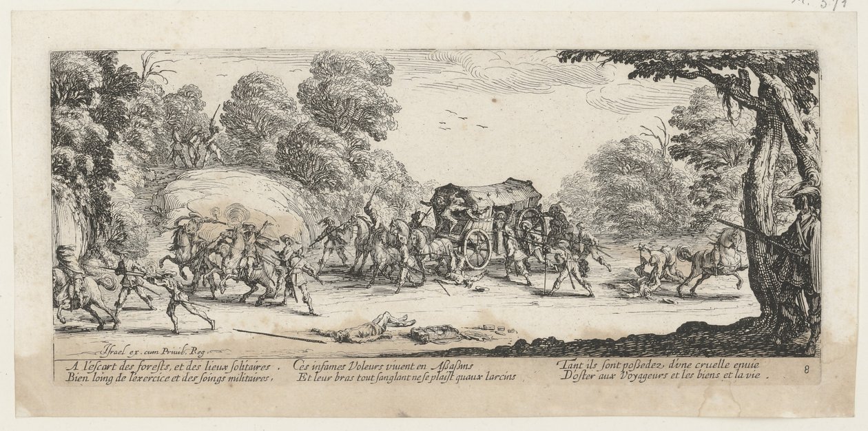 Angriff auf eine Postkutsche, Blatt 8 der Folge "Grauen des Krieges" von Jacques Callot