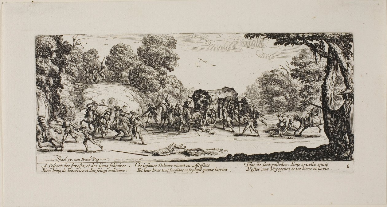 Angriff auf die Kutsche, Platte acht aus Die Elendigkeiten des Krieges von Jacques Callot