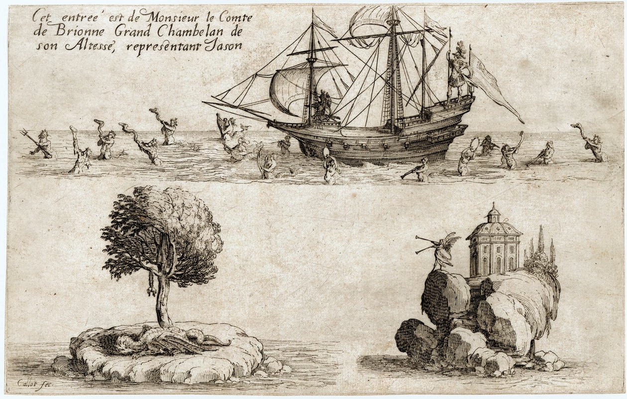 Kampf an der Barriere: der Einzug von Monsieur le Comte de Brionne, Großkämmerer von Seiner Hoheit Karl IV. von Lothringen (Gravur) von Jacques Callot