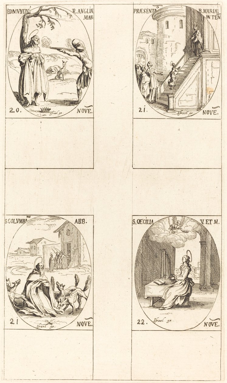 Edmund, König von England, Märtyrer, Darstellung der Jungfrau, St. Kolumba, St. Cäcilia von Jacques Callot