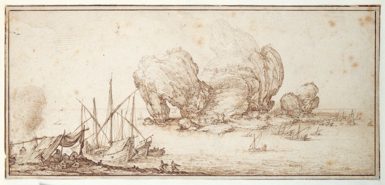 Fantastische Felsen, befestigt. Schifffahrt. Seemännerlager in Sichtweite ihres Schiffes (Le Grand Rocher) von Jacques Callot